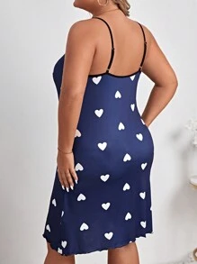 Plus Heart Print Contrast Binding Cami Nightdress - Navy Blue - View 2