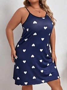 Plus Heart Print Contrast Binding Cami Nightdress - Navy Blue - View 3