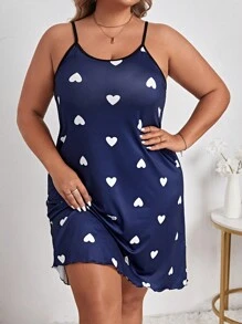 Plus Heart Print Contrast Binding Cami Nightdress - Navy Blue - View 4