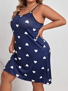 Plus Heart Print Contrast Binding Cami Nightdress - Navy Blue - View 5