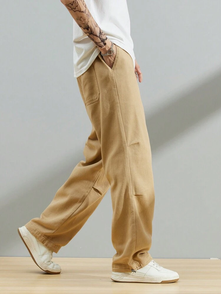 Manfinity Men's Solid Color Drawstring Waist Loose Fit Jeans With Slant Pockets - Khaki - View 3