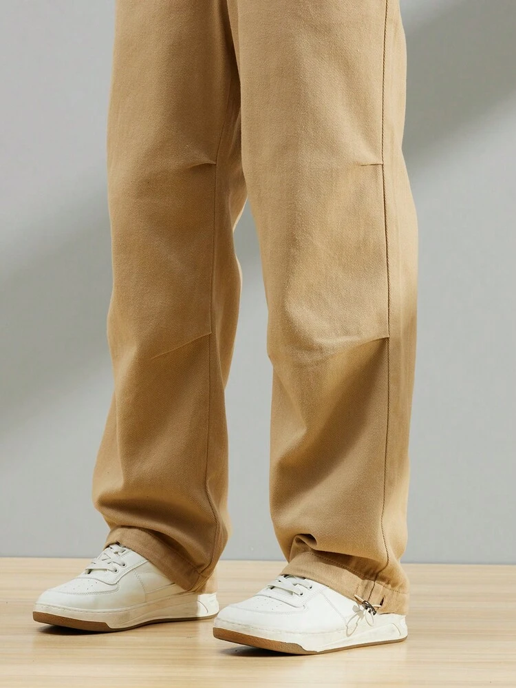 Manfinity Men's Solid Color Drawstring Waist Loose Fit Jeans With Slant Pockets - Khaki - View 5