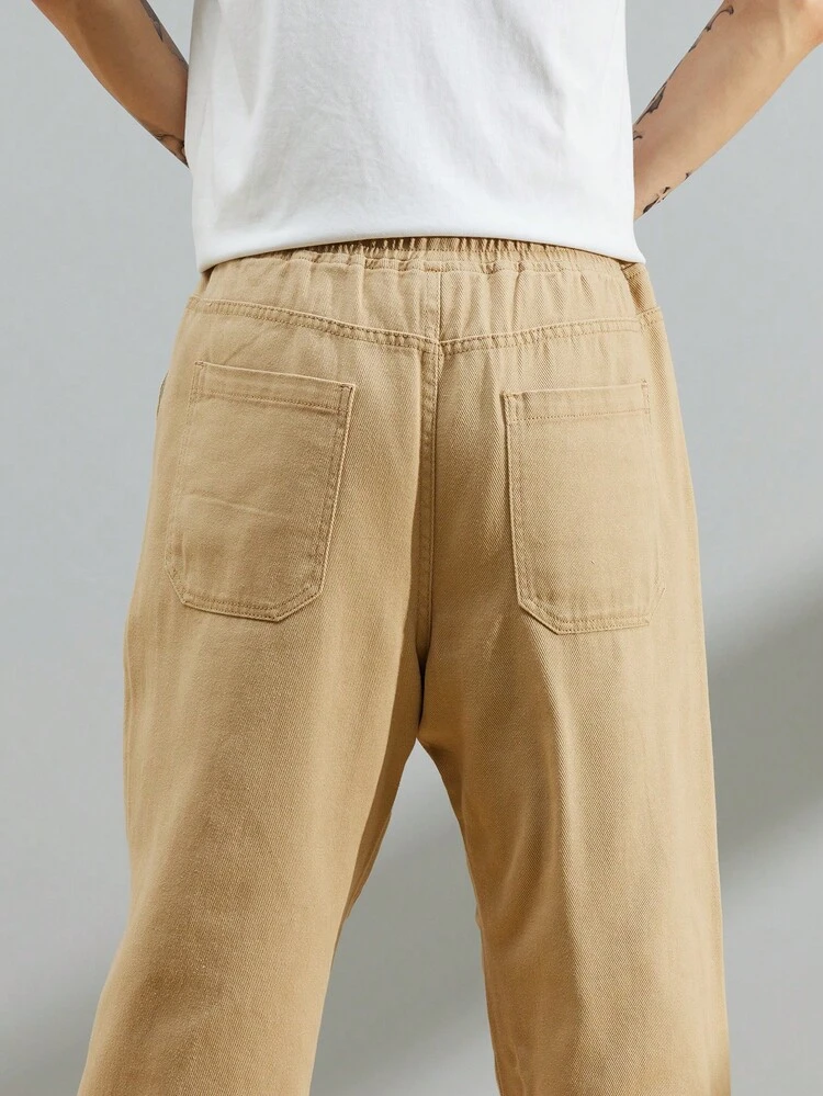 Manfinity Men's Solid Color Drawstring Waist Loose Fit Jeans With Slant Pockets - Khaki - View 6