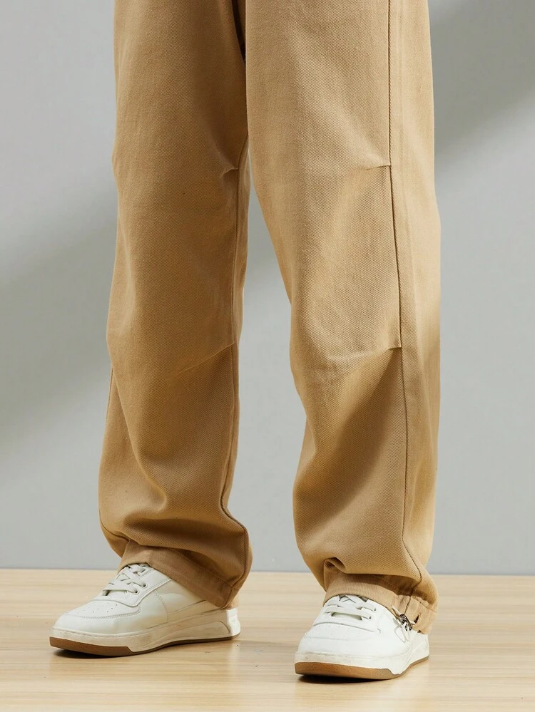 Manfinity Men's Solid Color Drawstring Waist Loose Fit Jeans With Slant Pockets - Khaki - View 8