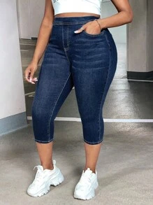 SHEIN SXY Plus High Waist Capri Skinny Jeans - Dark Wash - View 1