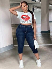 SHEIN SXY Plus High Waist Capri Skinny Jeans - Dark Wash - View 4