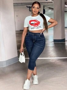 SHEIN SXY Plus High Waist Capri Skinny Jeans - Dark Wash - View 5