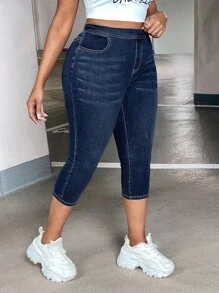 SHEIN SXY Plus High Waist Capri Skinny Jeans - Dark Wash - View 6