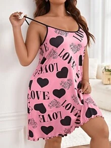 Plus Heart & Letter Graphic Contrast Binding Lettuce Trim Cami Pajama Nightdress