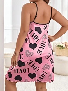 Plus Heart & Letter Graphic Contrast Binding Lettuce Trim Cami Pajama Nightdress