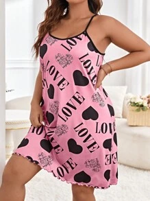 Plus Heart & Letter Graphic Contrast Binding Lettuce Trim Cami Pajama Nightdress