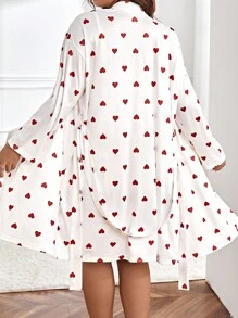 Plus Heart Print Lace Trim Cami Top & Shorts & Robe
