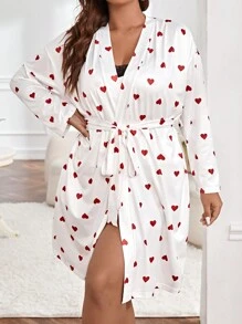 Plus Heart Print Lace Trim Cami Top & Shorts & Robe