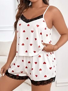 Plus Heart Print Lace Trim Cami Top & Shorts & Robe