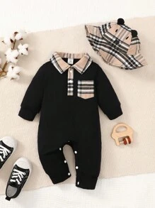 兩件套男寶寶休閒可愛開襟長袖連體衣和帽子秋冬 - 黑色 - 查看 1