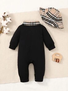 兩件套男寶寶休閒可愛開襟長袖連體衣和帽子秋冬 - 黑色 - 查看 2