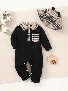 兩件套男寶寶休閒可愛開襟長袖連體衣和帽子秋冬 - 黑色 - 查看 3