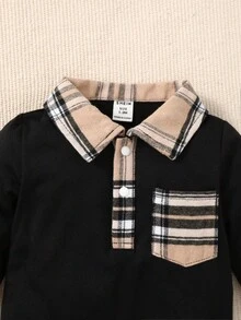 兩件套男寶寶休閒可愛開襟長袖連體衣和帽子秋冬 - 黑色 - 查看 4