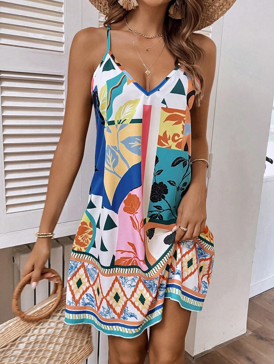 SHEIN LUNE Geometric Casual Vacation Colorful Block Placement Spaghetti Strap Basic Women Dress - Multicolor - View 1