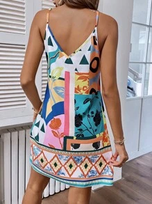SHEIN LUNE Geometric Casual Vacation Colorful Block Placement Spaghetti Strap Basic Women Dress - Multicolor - View 2