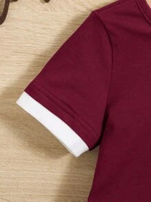 男嬰字母補丁細節拼接邊T恤和短褲 - 酒紅色 - 查看 4
