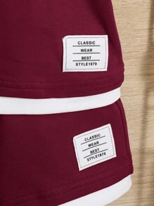 男嬰字母補丁細節拼接邊T恤和短褲 - 酒紅色 - 查看 5