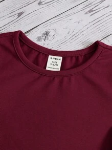 男嬰字母補丁細節拼接邊T恤和短褲 - 酒紅色 - 查看 6
