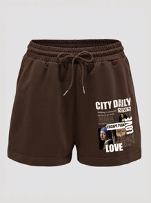 SHEIN EZwear 標語圖案腰部抽繩短褲 - 棕色 - 查看 1