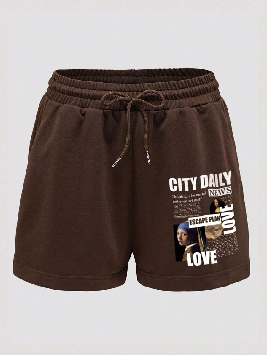 SHEIN EZwear Quần đùi nữ Dây kéo Con số Slogan Giải trí - màu nâu - Xem 1