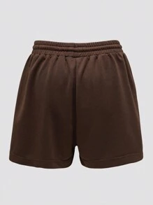 SHEIN EZwear 標語圖案腰部抽繩短褲 - 棕色 - 查看 2