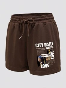 SHEIN EZwear 標語圖案腰部抽繩短褲 - 棕色 - 查看 3