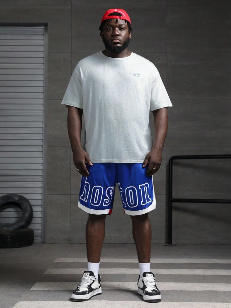 EASEVO Hombres talla grande Shorts con estampado de letra ribete en contraste de cintura con cordón - Azul - Ver 3