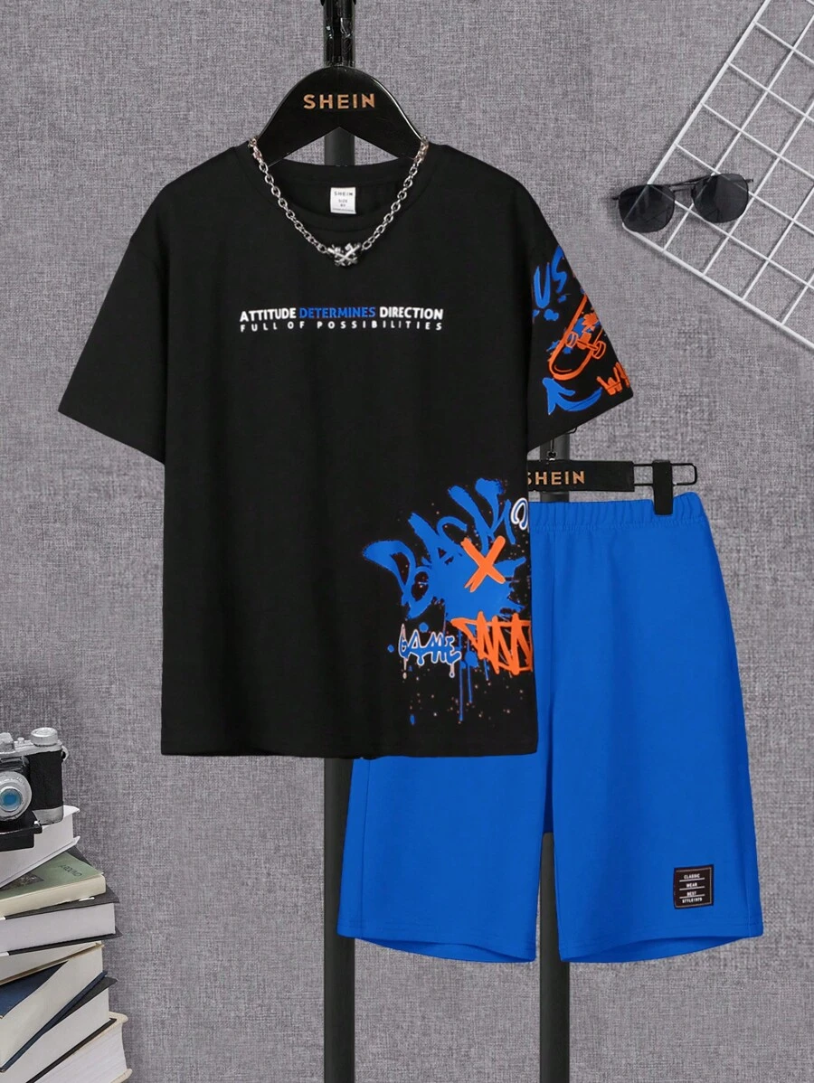SHEIN 男孩休閒運動短袖t卹短褲套裝字母印花適合夏季日常穿著