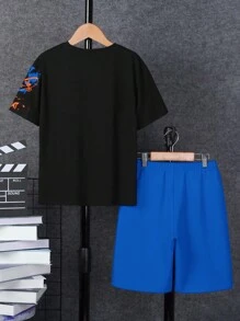 SHEIN 男孩休閒運動短袖t卹短褲套裝字母印花適合夏季日常穿著