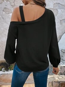 SHEIN LUNE 蝴蝶圖案不對稱領運動衫 - 黑色 - 查看 3