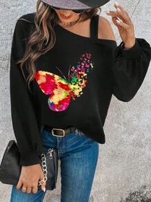 SHEIN LUNE 蝴蝶圖案不對稱領運動衫 - 黑色 - 查看 1