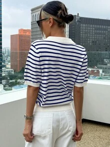 DAZY 条纹图案撞色领针织上衣，秋季服装，返校服装 - 藏蓝色 - 查看 2