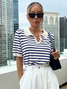 DAZY 条纹图案撞色领针织上衣，秋季服装，返校服装 - 藏蓝色 - 查看 4