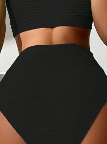 Swim Lushoire Summer Beach Ruched High Waisted Bikini Bottom - Black - View 2