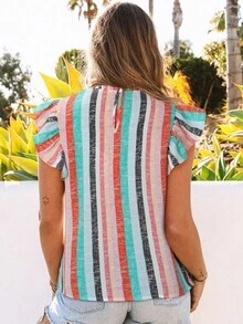 條紋印花褶邊領蝴蝶袖襯衫 - 彩色 - 查看 3