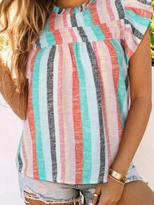 條紋印花褶邊領蝴蝶袖襯衫 - 彩色 - 查看 6