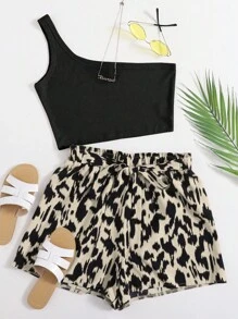 SHEIN VCAY Summer One Shoulder Top & Graphic Print Belted Two Pieces Set - Multicolor - View 1