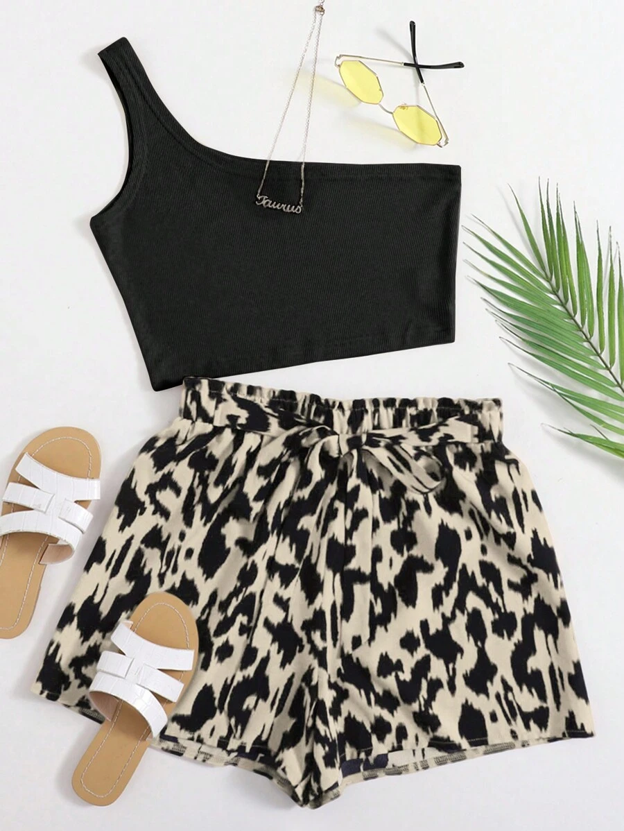 SHEIN VCAY Summer One Shoulder Top & Graphic Print Belted Two Pieces Set - Multicolor - View 1