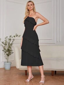 单肩荷叶边伴娘礼服 - 黑色 - 查看 1