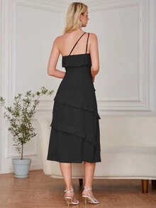 单肩荷叶边伴娘礼服 - 黑色 - 查看 2