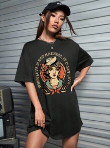 Afdhal Studio Artist Dark Figure & Slogan Graphic Drop Shoulder Oversize Tee Dress Outfit, For Summer, 100% Cotton, For Holiday, Party, Vacation, Birthday Outfits, Beach, Festival, Ibiza Fits, Prom Dress, Western Wear