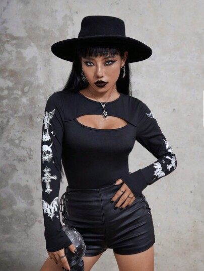 Goth Skull Cross Print Cut Out Front Tee