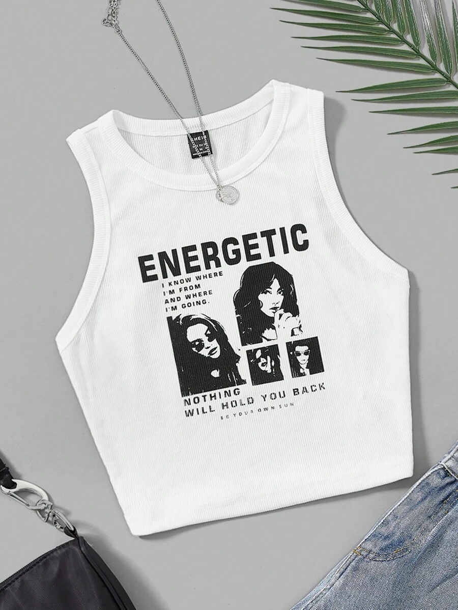SHEIN EZwear Figure & Slogan Graphic Crop Tank Top ENERGETIC I KNOW WHERE I'M FROM AND WHERE I'M GOING NOTHING WILL HOLD YOU BACK BE YOUR OWN SUN