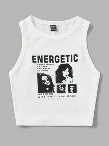 SHEIN EZwear Figure & Slogan Graphic Crop Tank Top ENERGETIC I KNOW WHERE I'M FROM AND WHERE I'M GOING NOTHING WILL HOLD YOU BACK BE YOUR OWN SUN