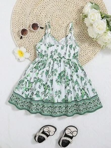 SHEIN Đầm em bé Trọn gói Hoa Tất cả trên in - Màu xanh Bạc hà - Xem 2